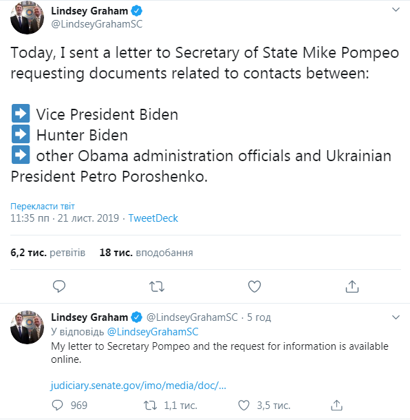 У Сенаті США вимагають документи про контакти Байдена і Порошенка